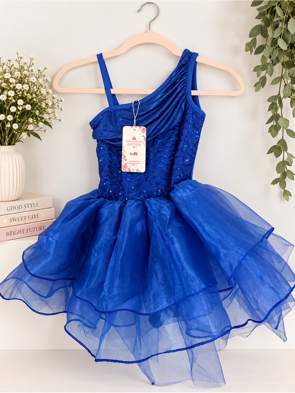 Royal Blue One-Shoulder Tulle Party Dress for Girls